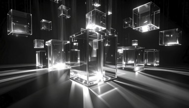 Abstract animation, glass cubes on black background, modern business wallpaper illustration, AI