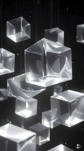 Abstract animation, glass cubes on black background, modern business wallpaper illustration, AI