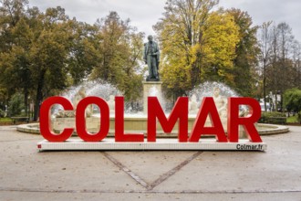 Red lettering in the square Rapp of the city of Colmar, Alsace, France