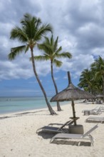 Beach, umbrellas, deckchairs, palm trees, sea, sky, clouds, Flic-en-Flac, Mauritius