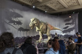 London, United Kingdom - 15 May 2025: The thrill of prehistory: looking at a giant dinosaur model