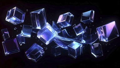 Abstract animation, glass cubes on black background, modern business wallpaper illustration, AI