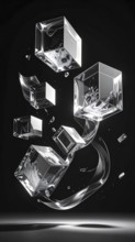 Abstract animation, glass cubes on black background, modern business wallpaper illustration, AI