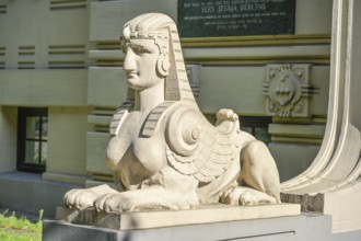 Sphinx in front of the entrance to Alberat iela 2a, Art Nouveau residential building, Art Nouveau