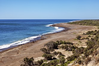 View of a wide coastline with sandy beach and clear lake, The countryside of Peninsula Valdes in