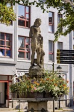 Figure on a fountain with flower frame in front of a building with windows, statue and monument in