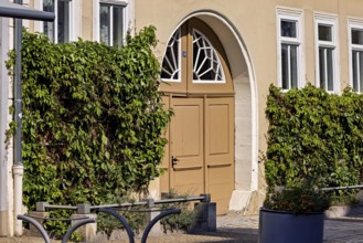 House entrance with classic wooden door and ivy-covered walls in an urban environment, historic