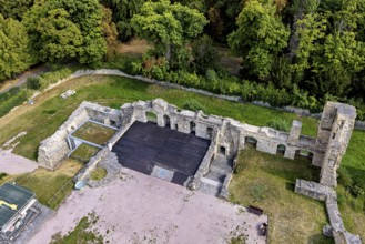 Aerial view of ruins surrounded by thick forests, The Niedeck Ruins in Arnstadt Thuringia