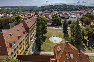 Aerial view of a city with historic buildings and green surroundings, The old town of Arnstadt in
