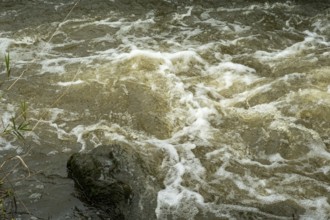 Borken-Hoxfeld, NRW, Germany, The scene features a fast-flowing river with clear water splashing