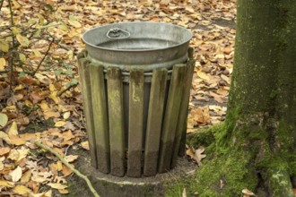 Borken-Hoxfeld, NRW, Germany, A round metal trash bin sits amid colorful fallen leaves in a quiet