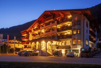 Hotel Stubaier Hof at dusk, Neustift im Stubai Valley, Stubai Valley, Stubai, Tyrol, Austria