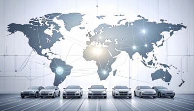 Abstract visualization of global rare earth supply network feeding EV industry, world map design,