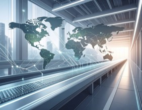 Abstract visualization of global rare earth supply network feeding EV industry, world map design,