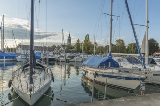 Port and Catholic Church of St. Johannes, Romanshorn, Lake Constance, Canton of Thurgau,