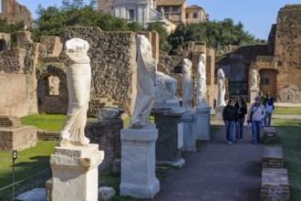 Ancient marble statues in the area of the House Garden of the Vestals, Roman Forum, Rome, Lazio,