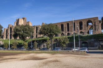 View from Arena racecourse Circus Maximus chariot race venue to ruins of Domitian Imperial Palace,