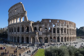 View from an elevated position of the historic arena Amphiteatrum Flavium Colosseum in the ancient