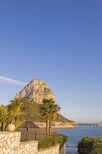Palm trees, Penon de Ifach rock in the background, landmark, natural park, Mediterranean Sea,