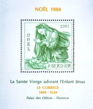 Madonna and Child, Mary with Jesus, painting by Le Correge in Florence on Rwandan Christmas stamp
