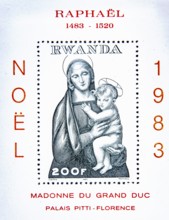Madonna and Child, Mary with Jesus, painting by Raphael in Florence on Rwandan Christmas stamp 1983