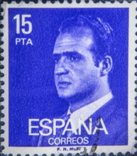 Juan Carlos I, born in 1938, was King of Spain between 1975 and 2014. Portrait on Spanish postage