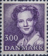 Margrete II, born 1940, Queen of Denmark. Portrait on a Danish postage stamp