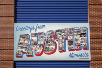 Austin, Minnesota - A 'Greetings from Austin' sign onthe side of the SPAM Museum. SPAM is a lunch