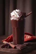 Hot chocolate drink, topped with whipped cream, chocolate shavings, and a cinnamon stick