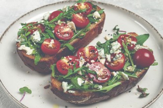 Arugula sandwiches and cherry tomatoes, cheese with mold, breakfast, snack, homemade
