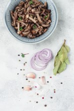 Pickled honey mushrooms, in a bowl, homemade, top view, no people