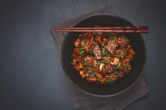 Bulgogi, with mushrooms, with sesame seeds and green onions, Korean cuisine, homemade, no people