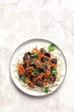 Kabuli pulao, pilaf, the national dish of Afghanistan, rice with meat, homemade, no people