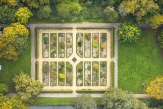 Aerial view, castle park with herb garden at Moyland Castle, Herbstwald, Moyland, Bedburg-Hau,