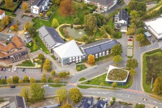 Aerial view, City Hall, solar roof and pond with fountain, Bedburg, Bedburg-Hau, Lower Rhine, North