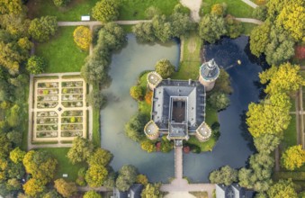 Aerial view, Moyland Castle Museum, neo-Gothic moated castle and castle park with herb garden