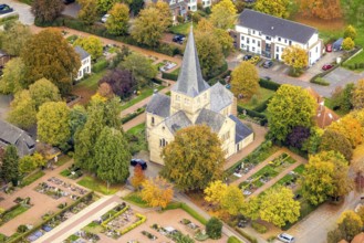 Aerial view, St. Markus Schneppenbaum Catholic Parish Church, autumn trees, Bedburg, Bedburg-Hau,