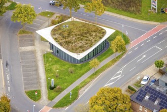 Aerial view, Volksbank branch with green roof, Bedburg, Bedburg-Hau, Lower Rhine, North