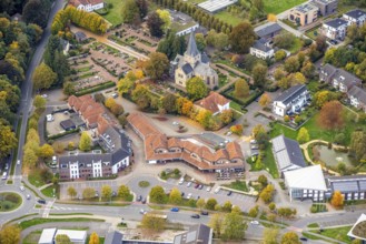 Aerial view, St. Markus Cathedral Schneppenbaum and St. Markus cemetery, autumn trees, Klosterplatz