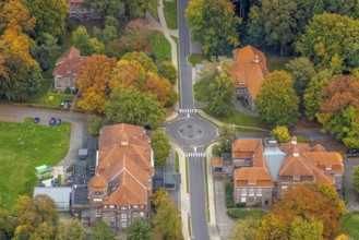 Aerial view, LVR-Klinik Bedburg-Hau, Buchenallee roundabout and medical building, autumn trees,