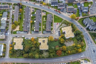 Aerial view, row house apartment houses Duvelskamp, between Westring and Mühlenstraße, autumn