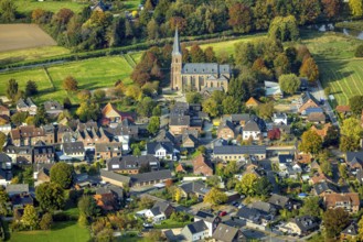 Aerial view, residential area district of Kessel with St. Stephen's Church and Niers-Kendel