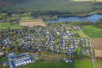 Aerial view, new residential area town view district district Kessel, lake and forest area, Kessel,