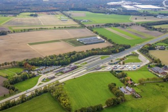 Aerial view, A57 motorway and Gennep-Autoweg A77, Dutch border crossing, Kleve federal border guard