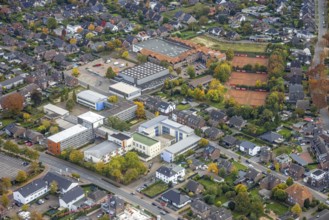 Aerial view, Mittelkreis comprehensive school, tennis courts at the sports hotel and conference