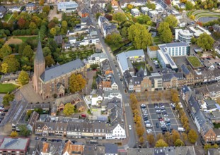 Aerial view, Catholic parish church of St. Maria Magdalena, Diakonie day care, market square car