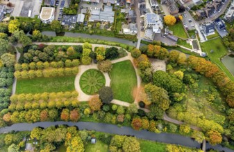 Aerial view, municipal park and autumn trees on the river Niers, tree-lined avenue and circular
