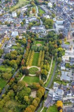 Aerial view, municipal park and autumn trees on the river Niers, tree-lined avenue and circular