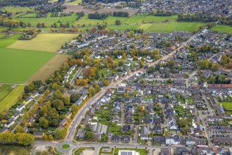 Aerial view, construction site and renovation Ostring with cycle path, residential area, Goch,