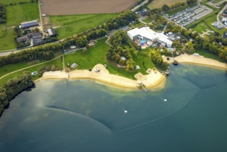 Aerial view, GochNess leisure pool and sandy lido, cauldron, autumn trees, Goch, Lower Rhine, North